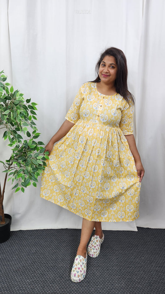 F26 Yellow Ikkat Print Cotton Frock