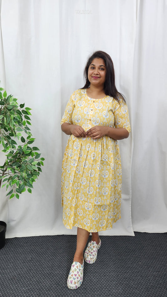 F26 Yellow Ikkat Print Cotton Frock