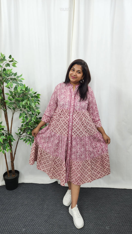F35 Pink Block Print Frill High Neck Cotton Frock