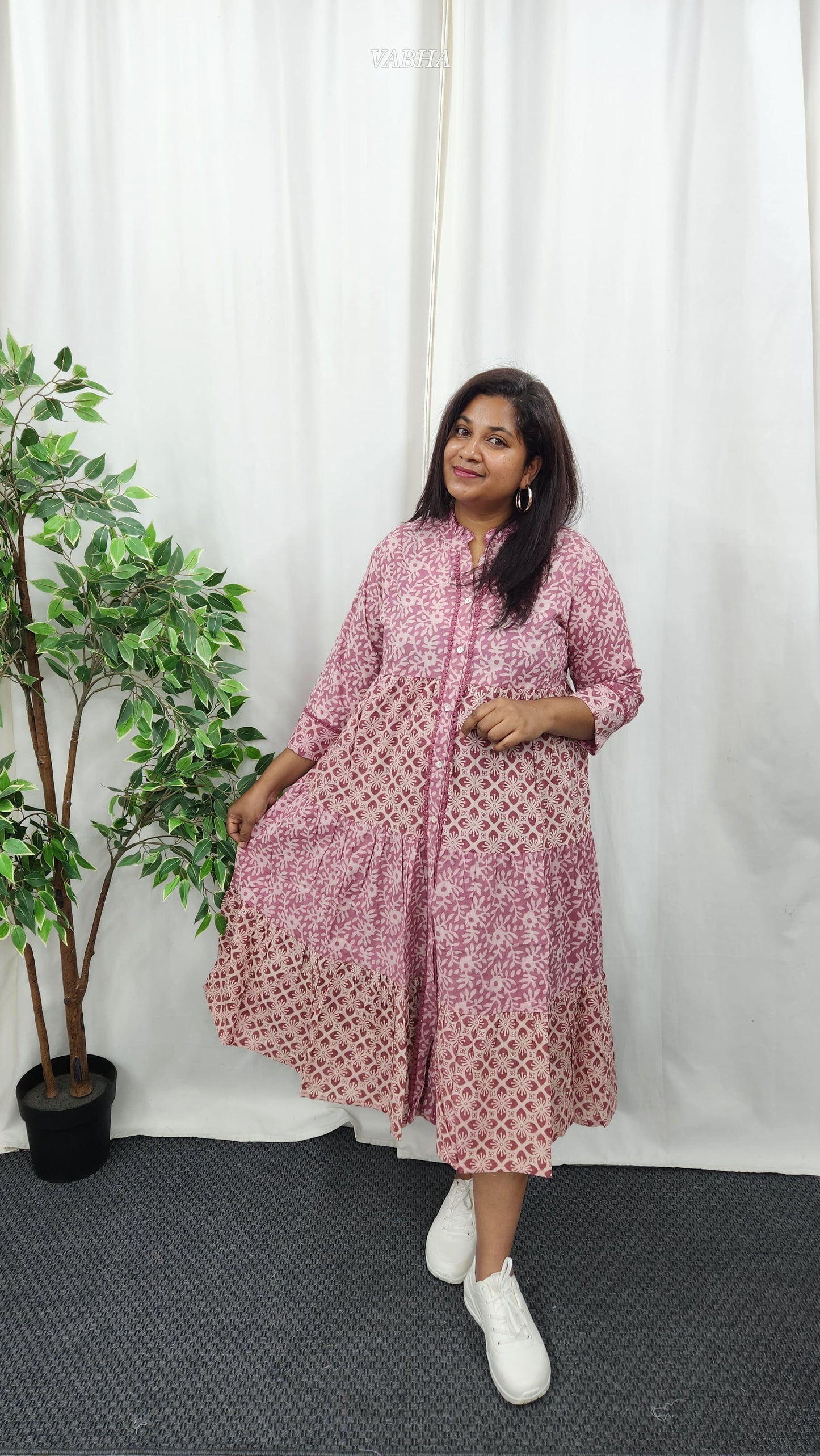 F35 Pink Block Print Frill High Neck Cotton Frock