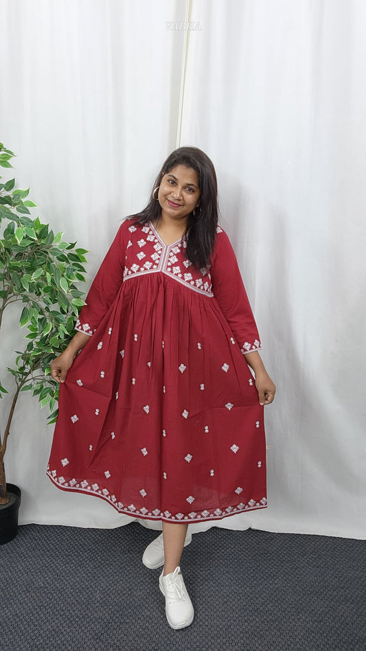 F36 Maroon Thread Embroidery Alia Cut Cotton Frock