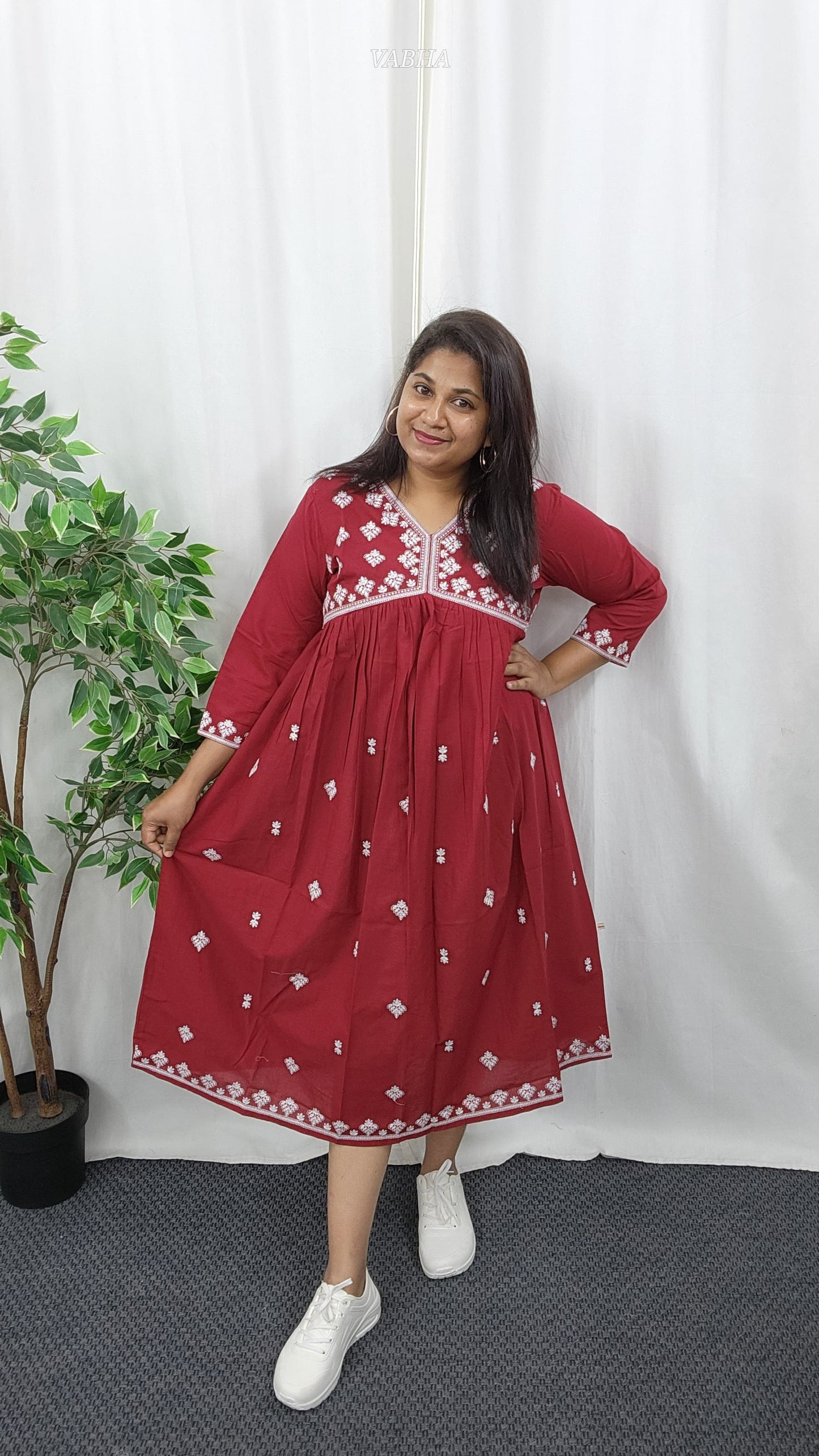 F36 Maroon Thread Embroidery Alia Cut Cotton Frock