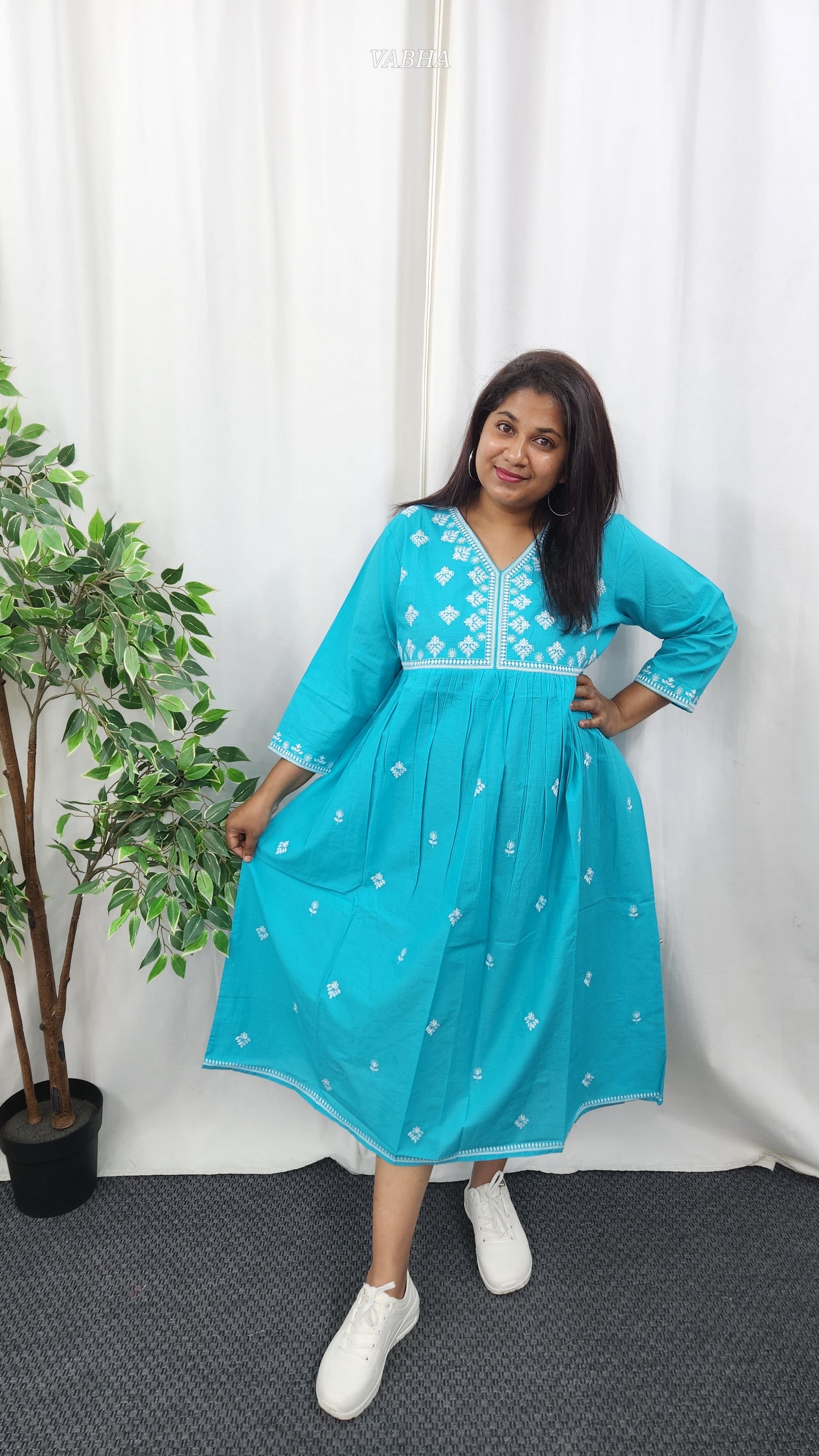 F37 Sky Blue Thread Embroidery Alia Cut Cotton Frock