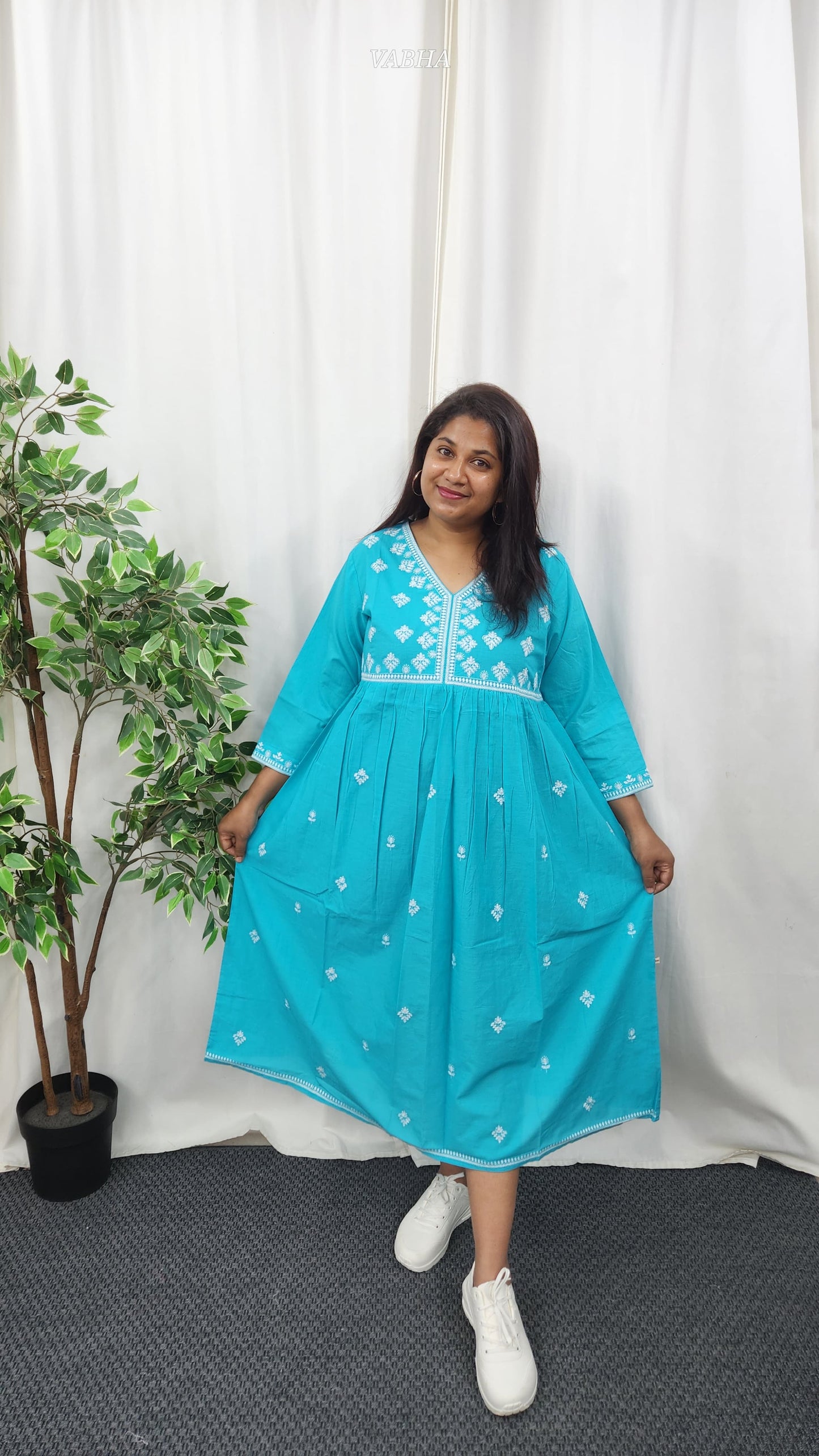 F37 Sky Blue Thread Embroidery Alia Cut Cotton Frock