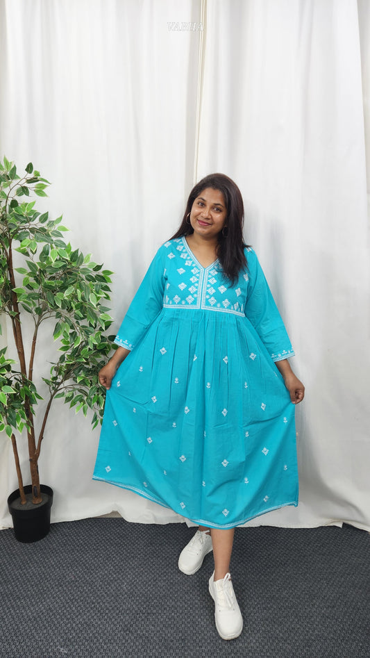 F37 Sky Blue Thread Embroidery Alia Cut Cotton Frock