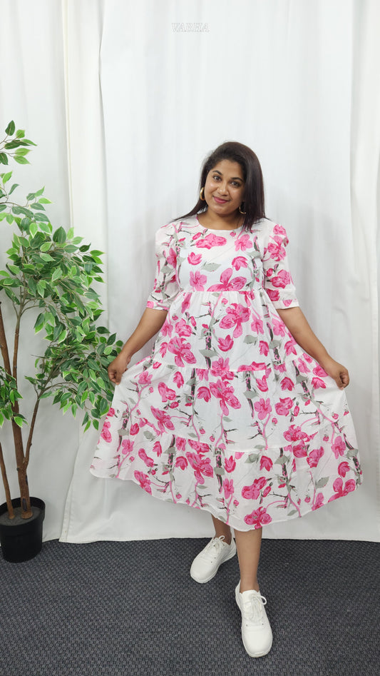 F39 White Pink Floral Cotton Frock