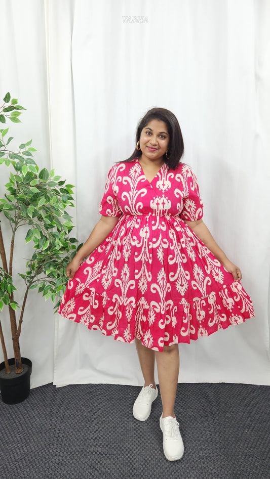 F44 Pink Ikkat Printed V Neck Cotton Frock