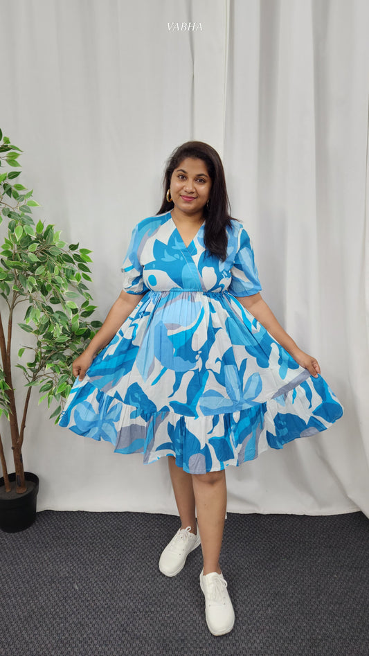 F45 Aqua Blue Printed V Neck Cotton Frock