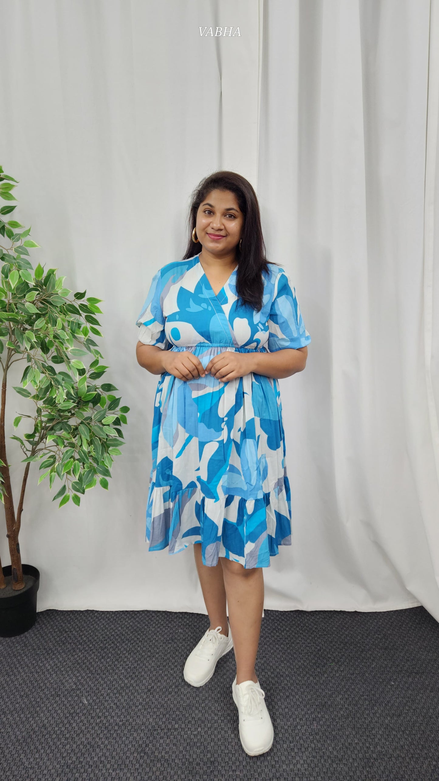 F45 Aqua Blue Printed V Neck Cotton Frock