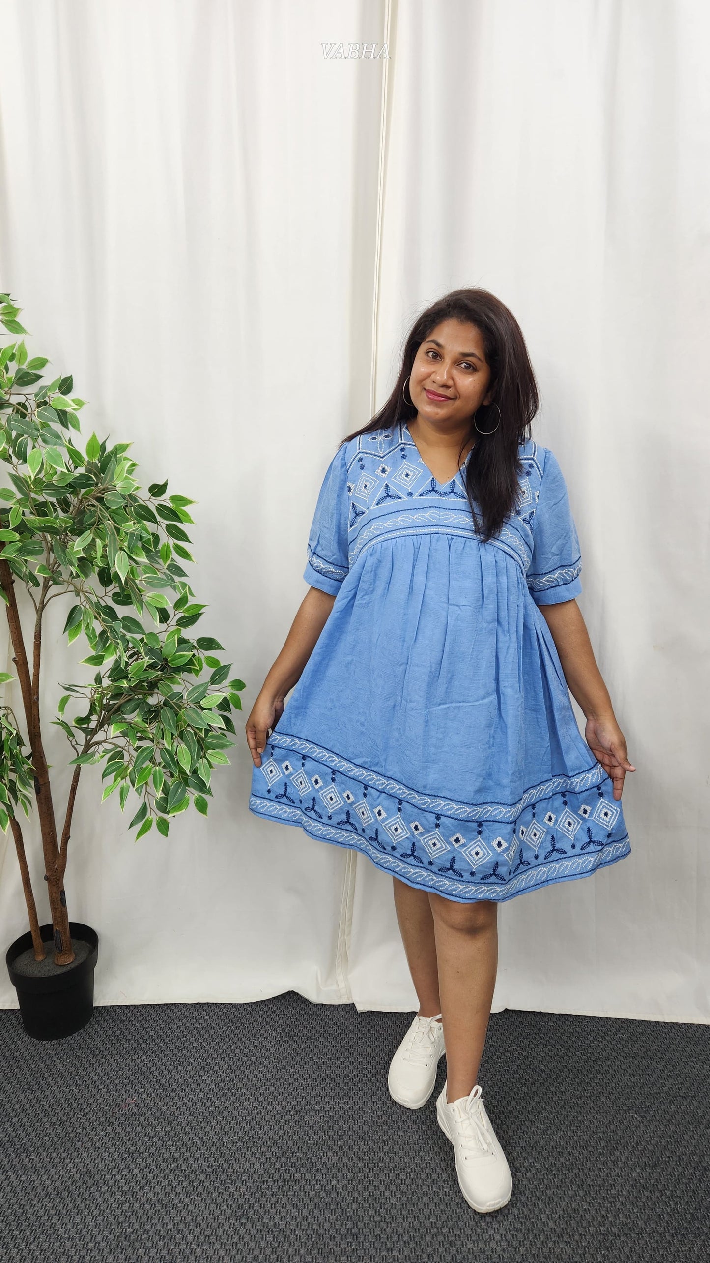 F47 Blue Embroidery V Neck Linen Cotton Frock