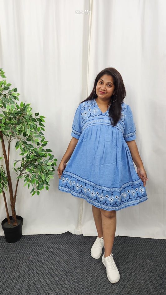 F47 Blue Embroidery V Neck Linen Cotton Frock