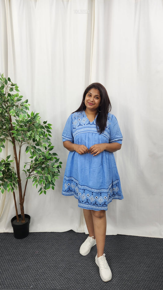 F47 Blue Embroidery V Neck Linen Cotton Frock