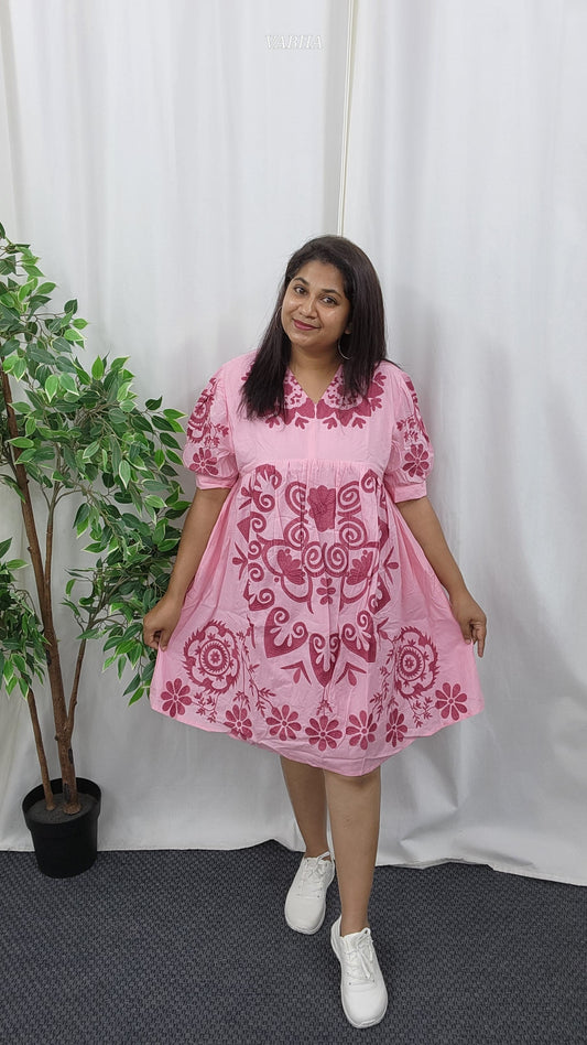 F48 Pink Thread Embroidery V Neck Cotton Frock