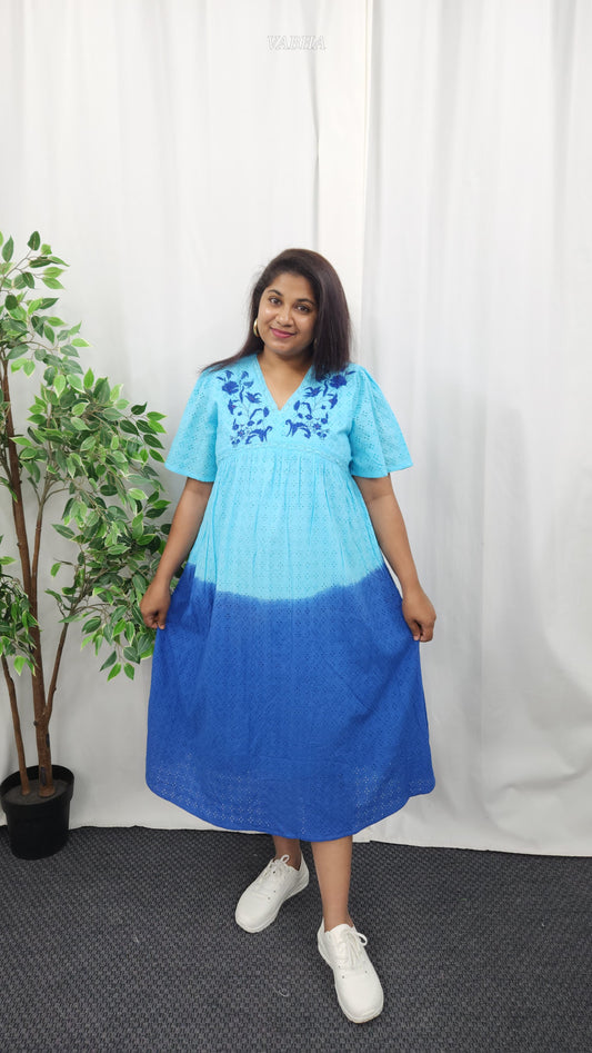 F49 Blue Ombre Dye Hakoba with Pocket Cotton Frock