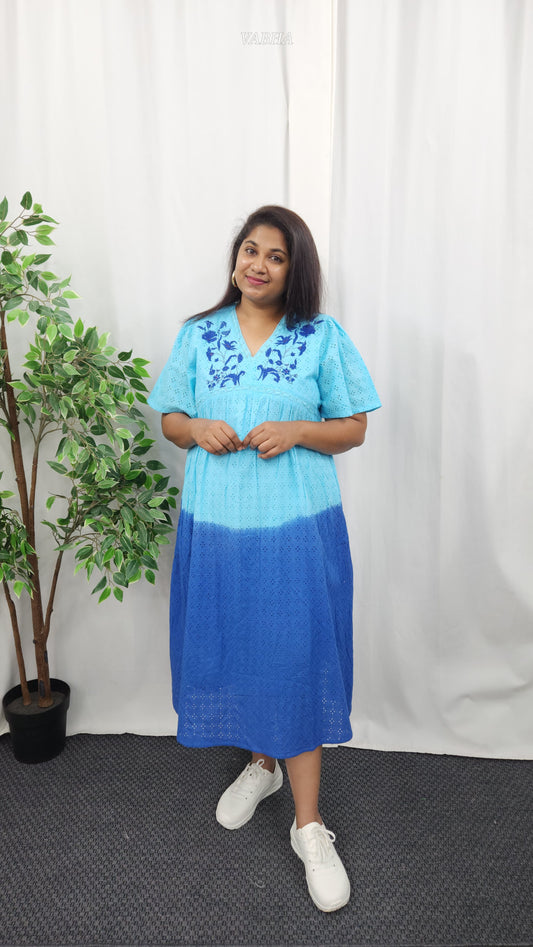 F49 Blue Ombre Dye Hakoba with Pocket Cotton Frock