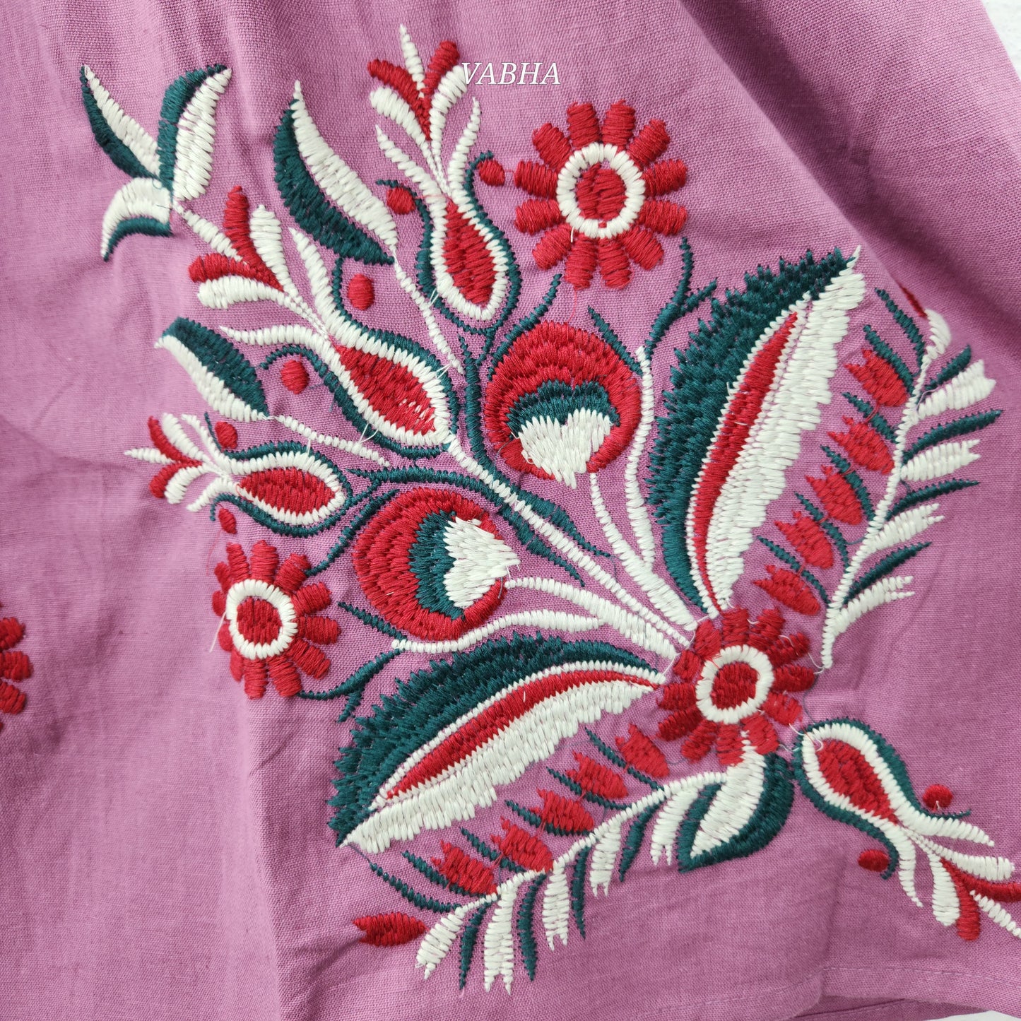F52 Pink Multi Thread Embroidery V Neck Alia Cut Cotton Frock with pockets with lining