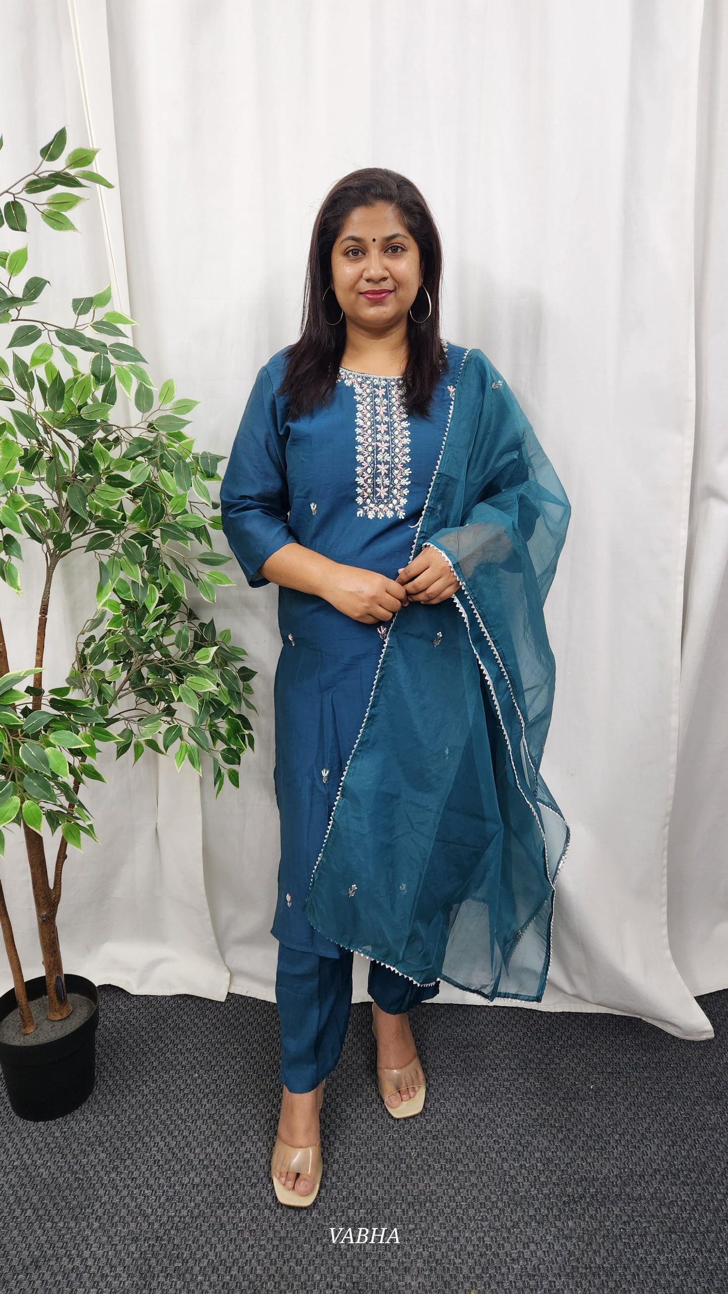 KPD20 Navy Blue Dola Silk Kurti Pant Dupatta