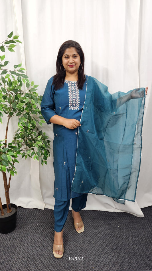 KPD20 Navy Blue Dola Silk Kurti Pant Dupatta