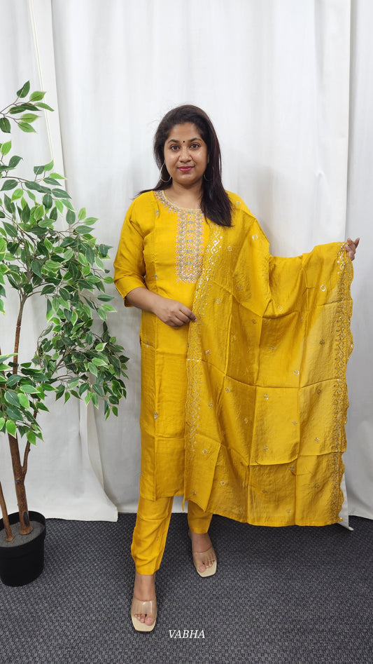KPD24 Mustard Yellow Dola Silk Kurti Pant Dupatta