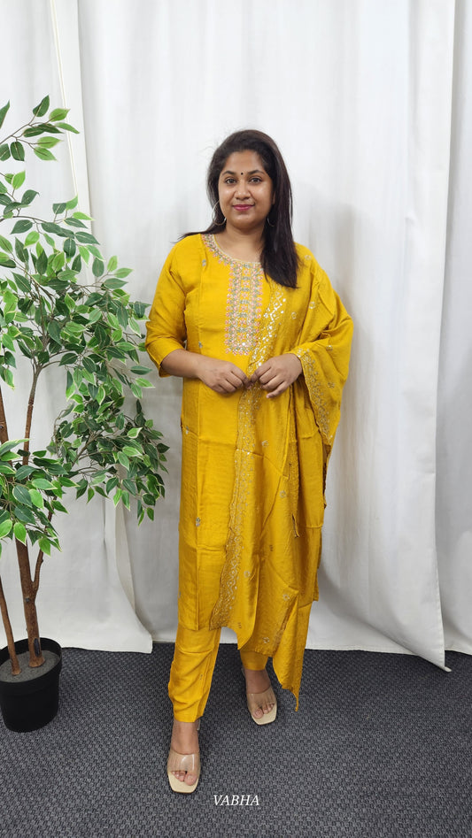 KPD24 Mustard Yellow Dola Silk Kurti Pant Dupatta