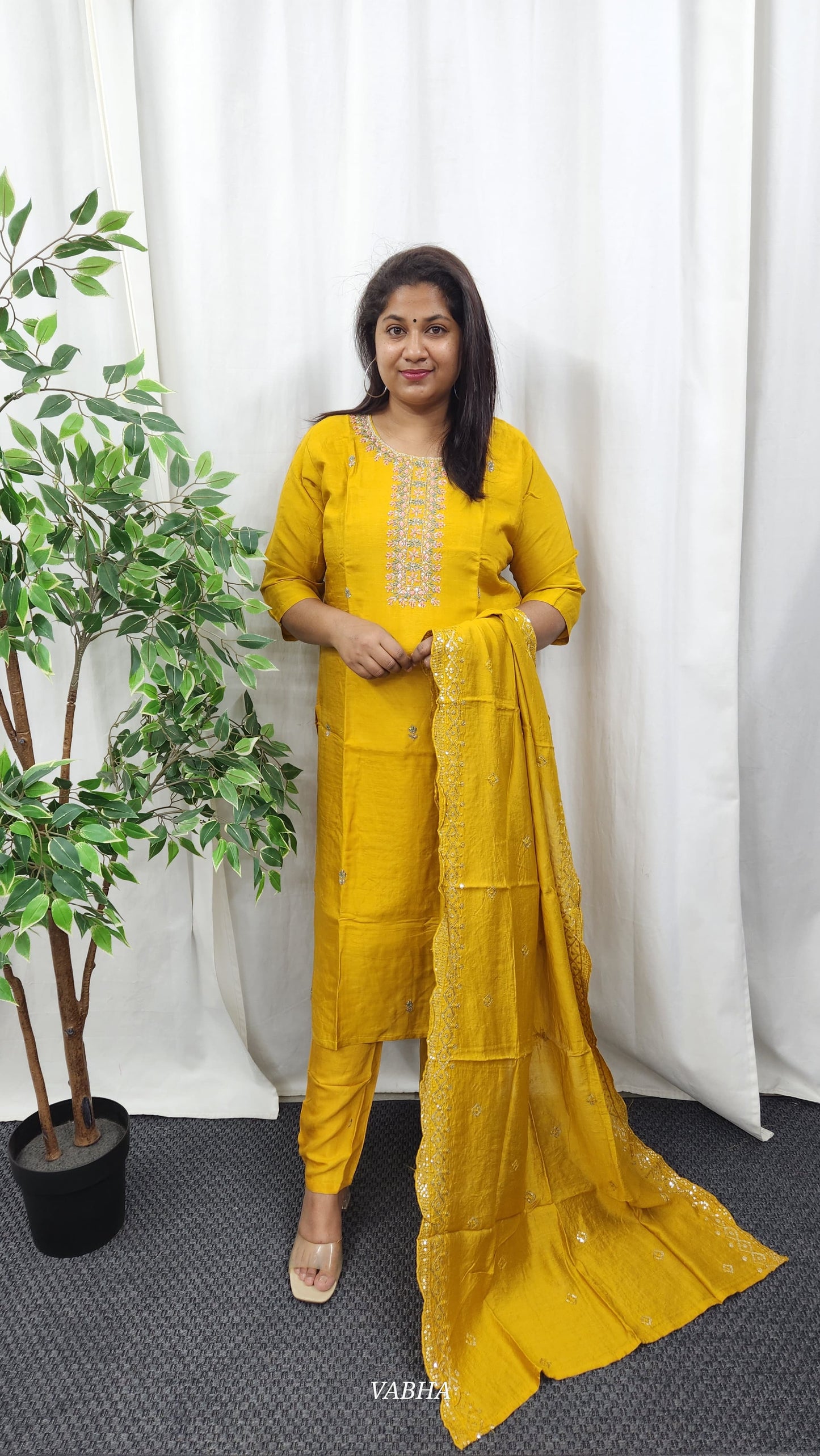 KPD24 Mustard Yellow Dola Silk Kurti Pant Dupatta