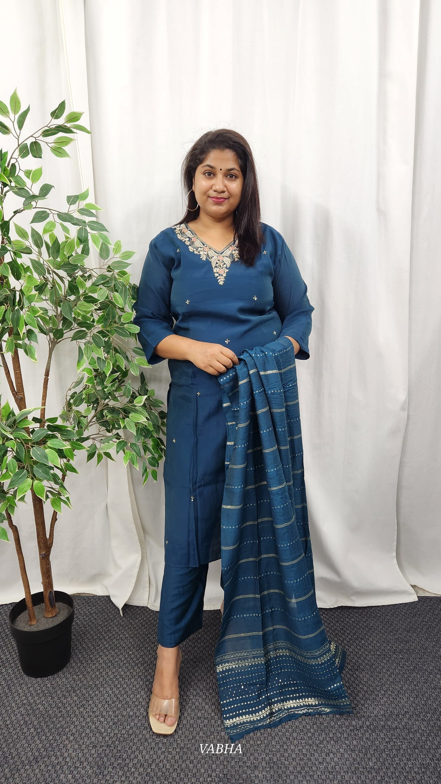 KPD25 Navy Blue Roman Silk Kurti Pant Dupatta