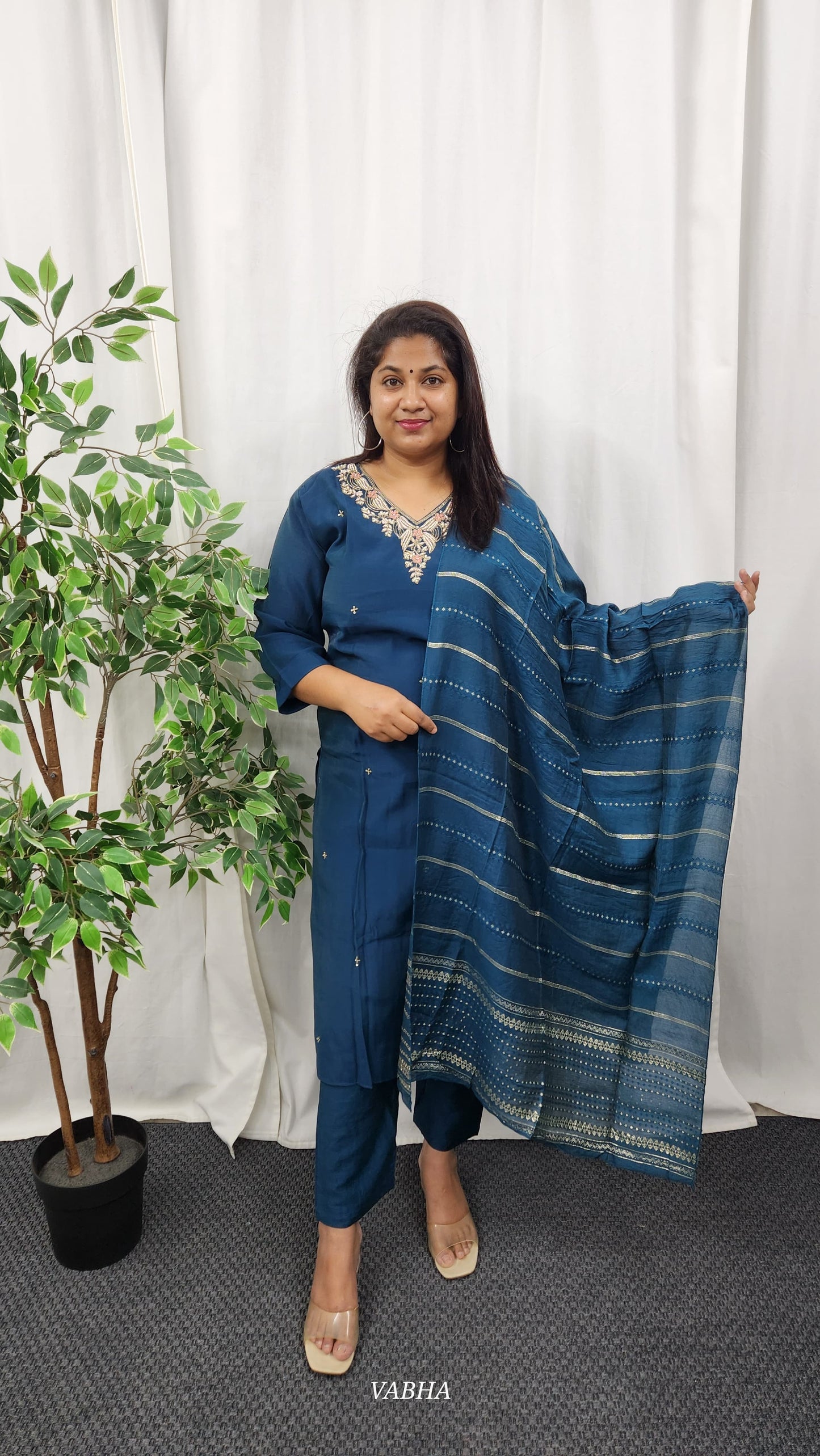 KPD25 Navy Blue Roman Silk Kurti Pant Dupatta
