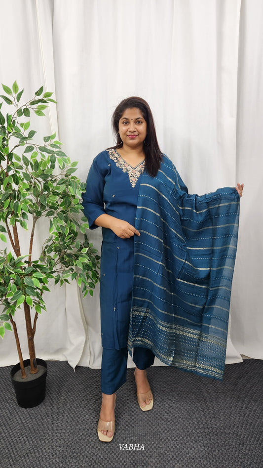 KPD25 Navy Blue Roman Silk Kurti Pant Dupatta
