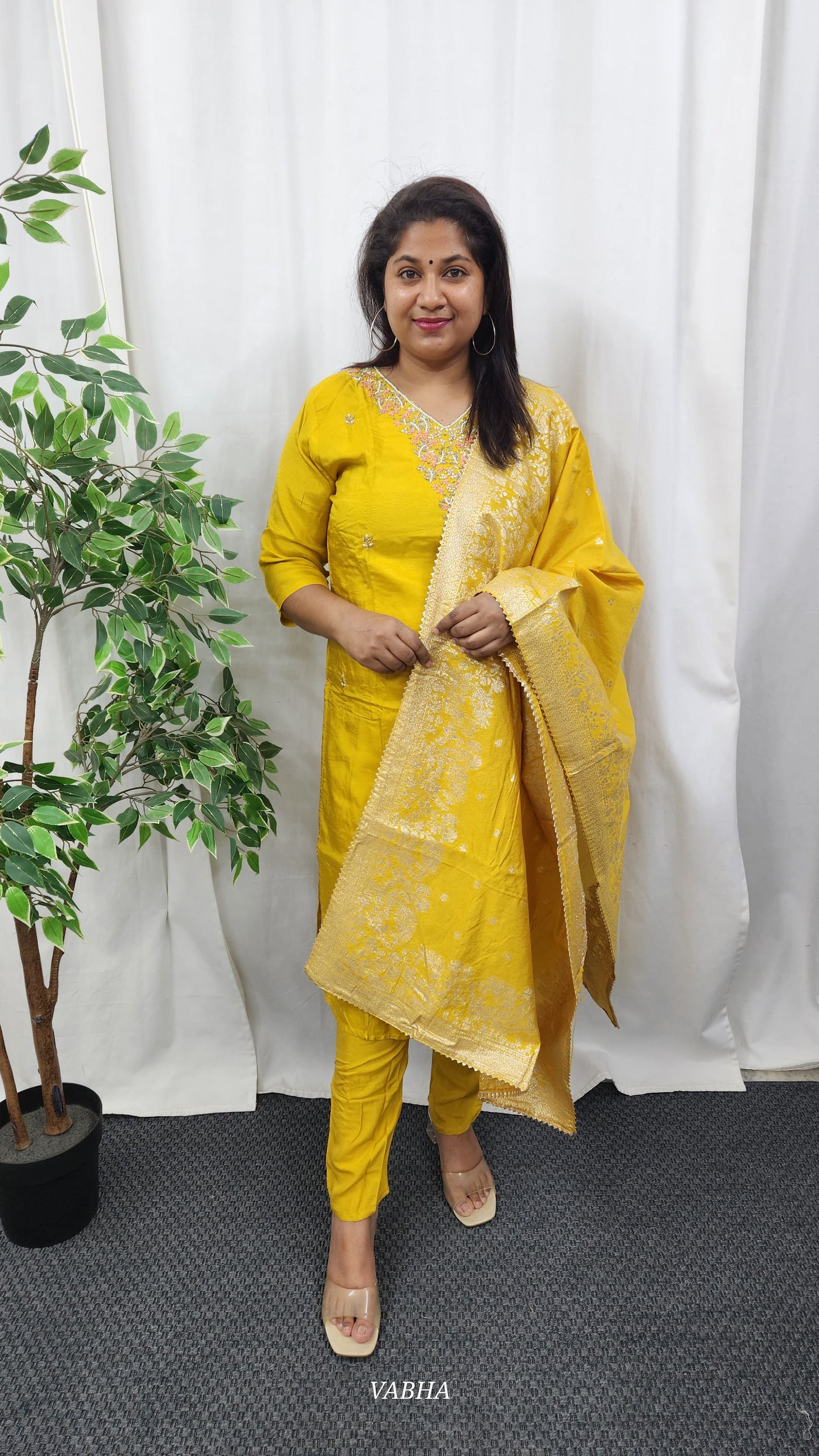 KPD26 Yellow Dola Silk Kurti Pant Dupatta