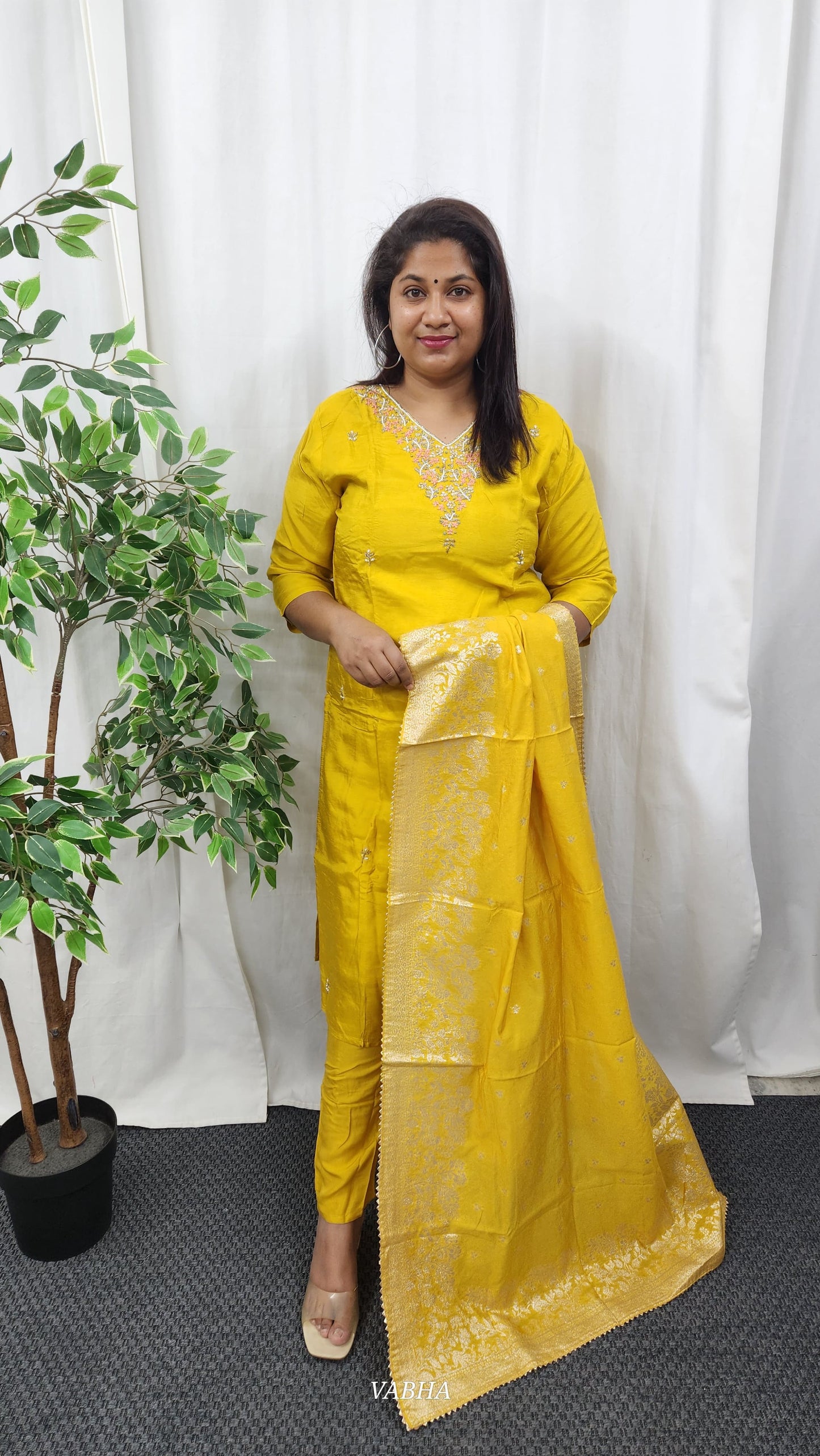 KPD26 Yellow Dola Silk Kurti Pant Dupatta