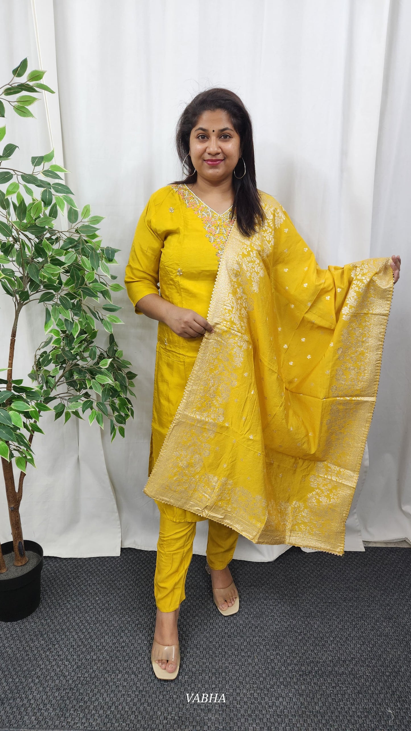 KPD26 Yellow Dola Silk Kurti Pant Dupatta