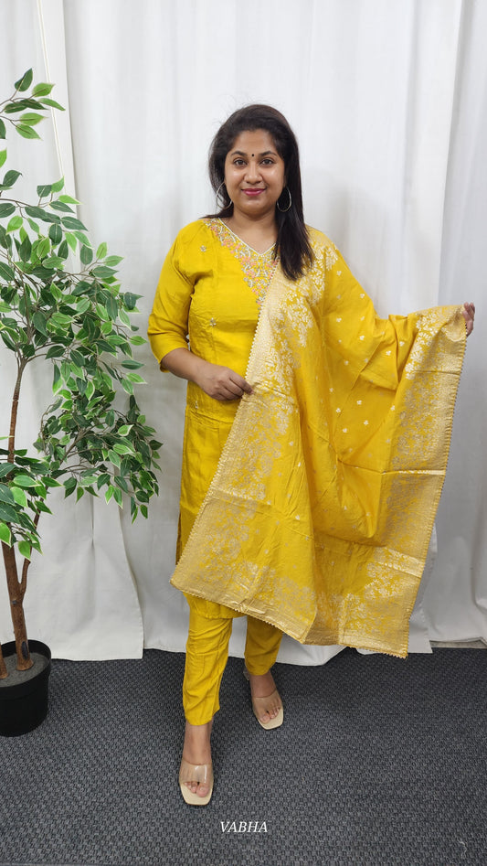 KPD26 Yellow Dola Silk Kurti Pant Dupatta
