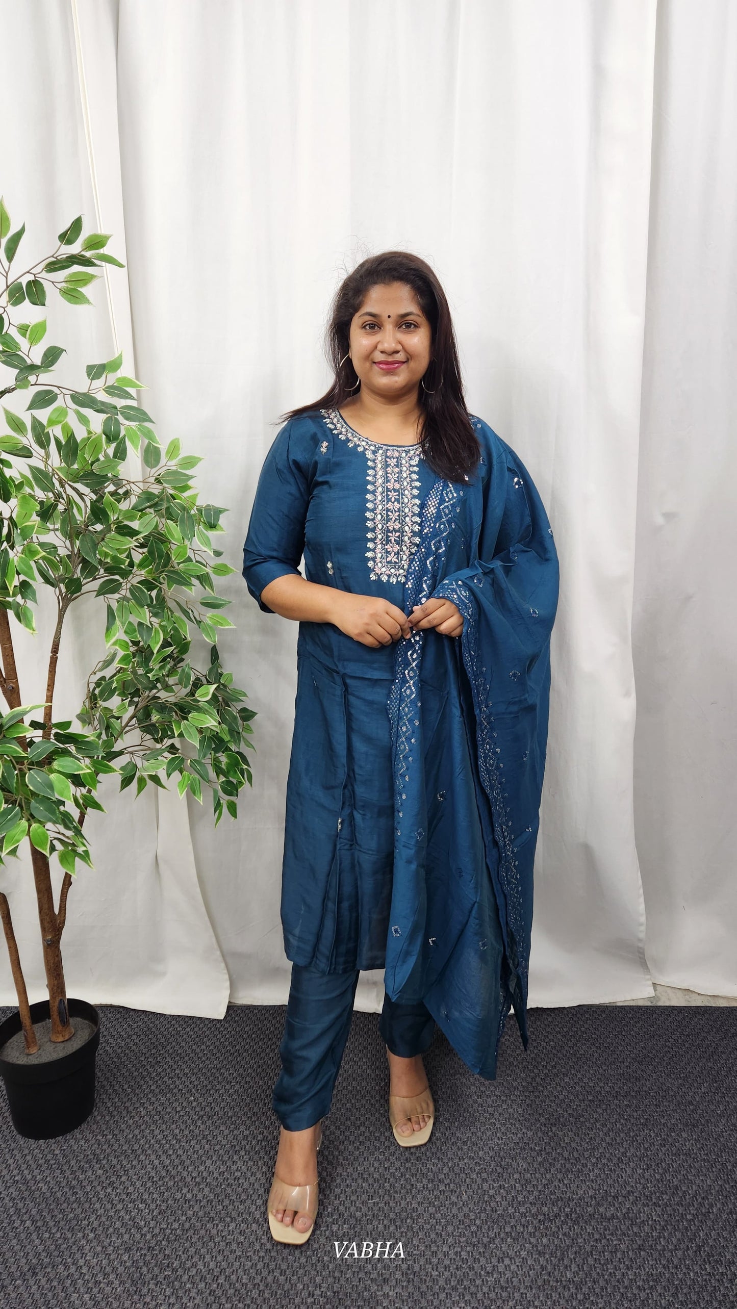 KPD27 Navy Blue Dola Silk Kurti Pant Dupatta