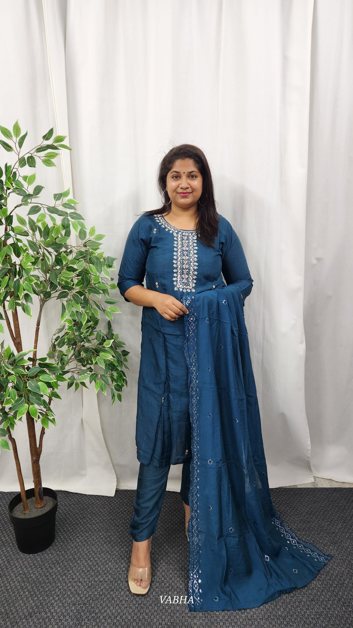 KPD27 Navy Blue Dola Silk Kurti Pant Dupatta