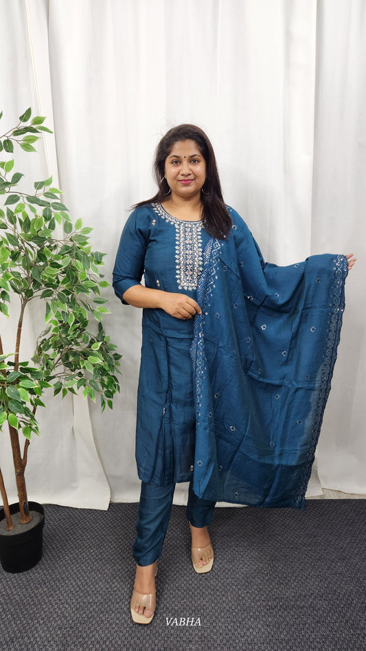 KPD27 Navy Blue Dola Silk Kurti Pant Dupatta