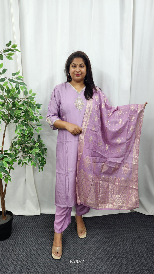 KPD31 Lilac Dola Silk Kurti Pant Dupatta