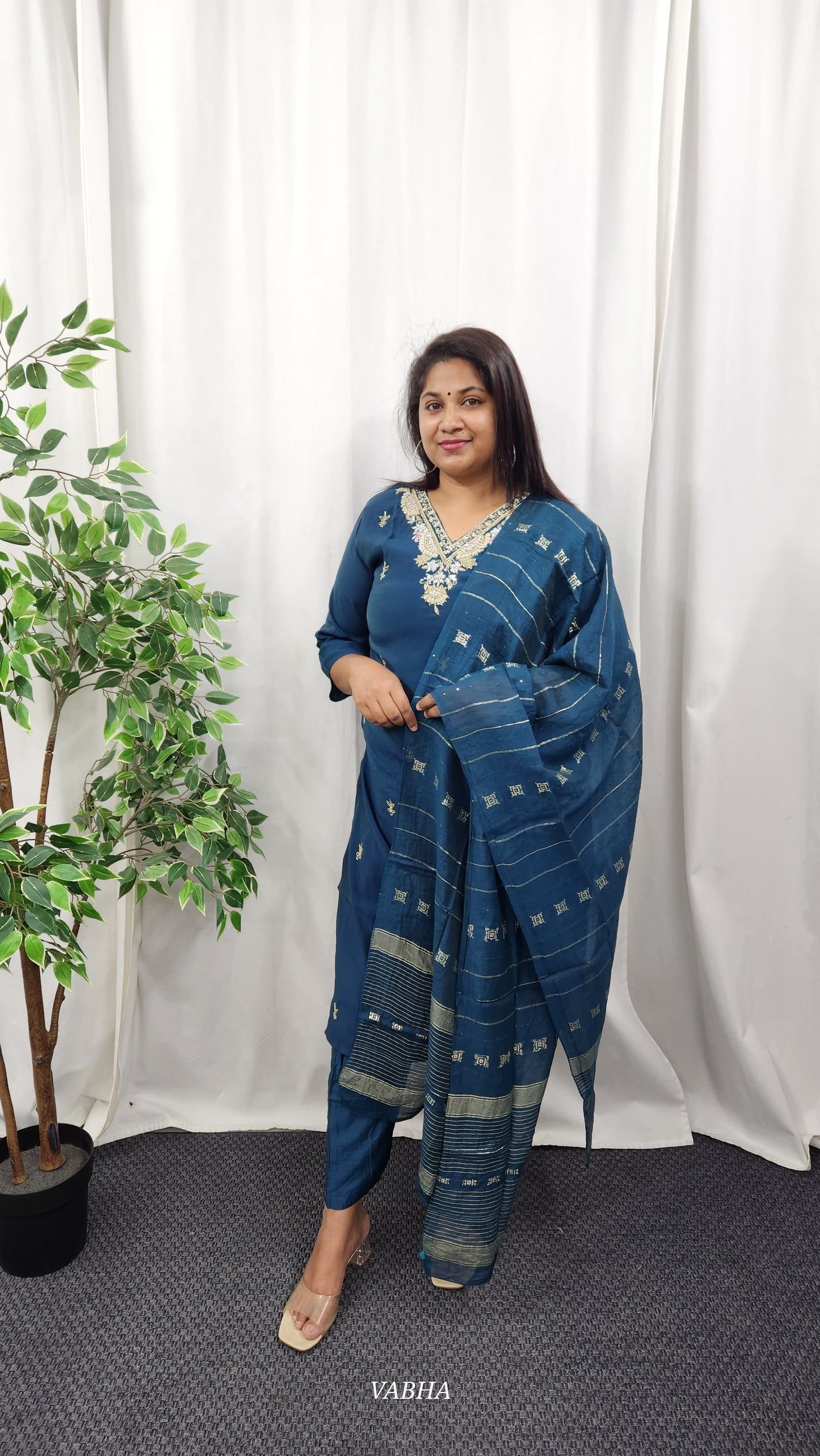 KPD36 Navy Blue Roman Silk Kurti Pant Dupatta