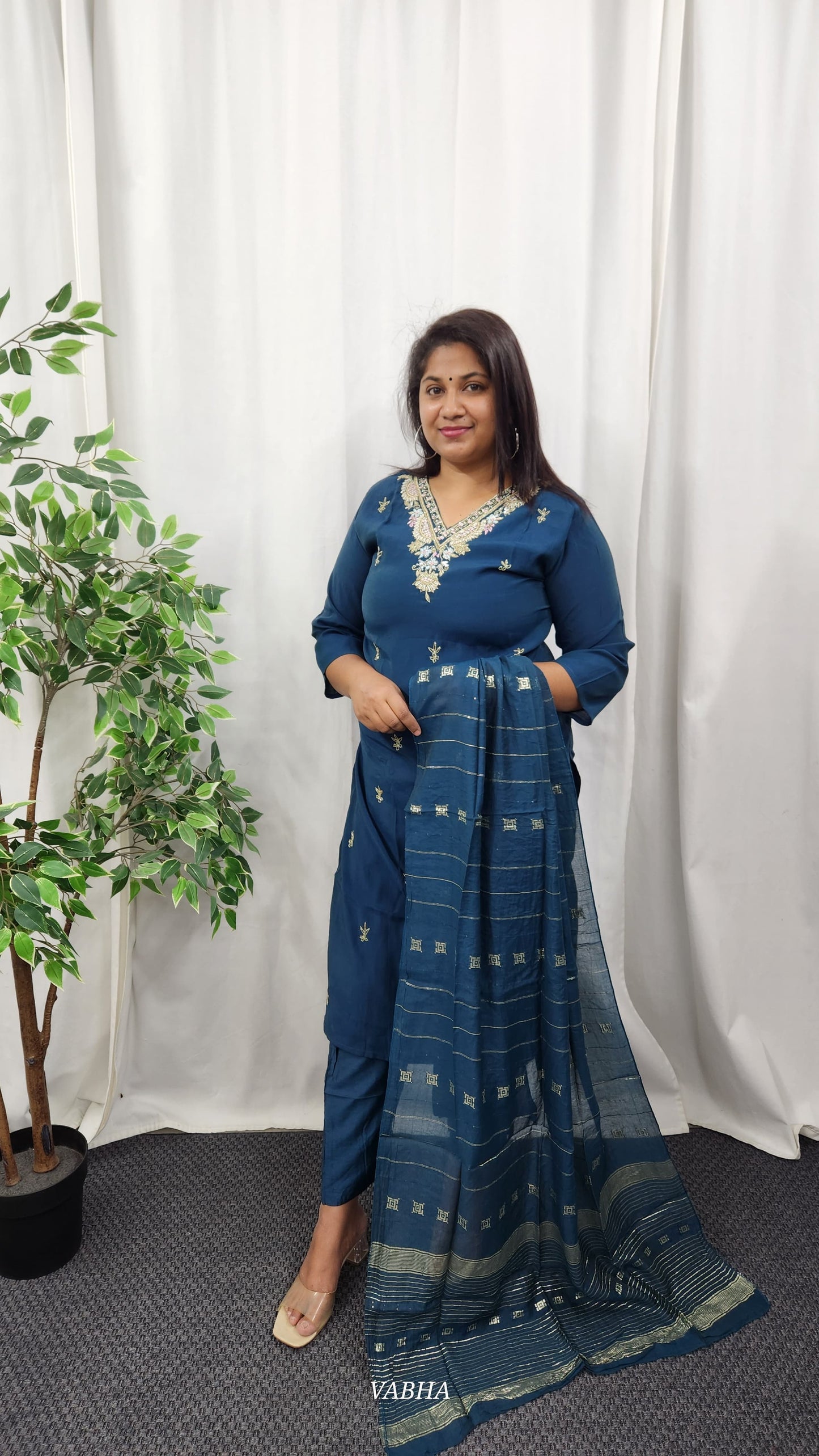 KPD36 Navy Blue Roman Silk Kurti Pant Dupatta
