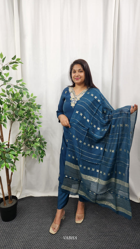 KPD36 Navy Blue Roman Silk Kurti Pant Dupatta