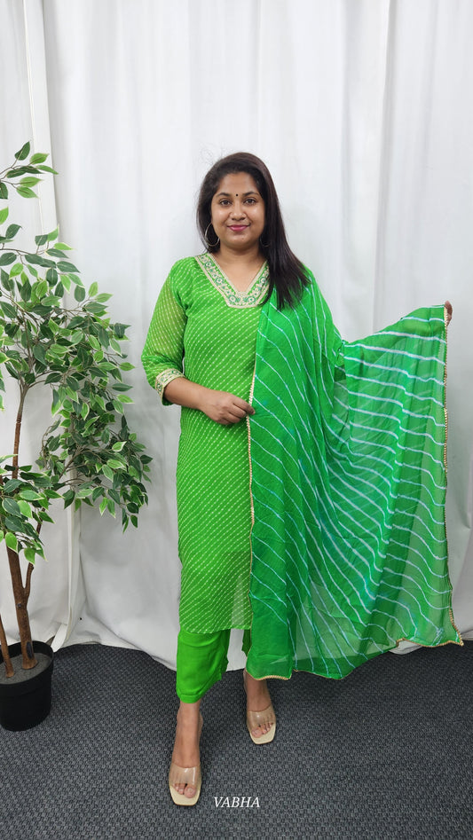 KPD38 Parrot Green Georgette Kurti Pant Dupatta