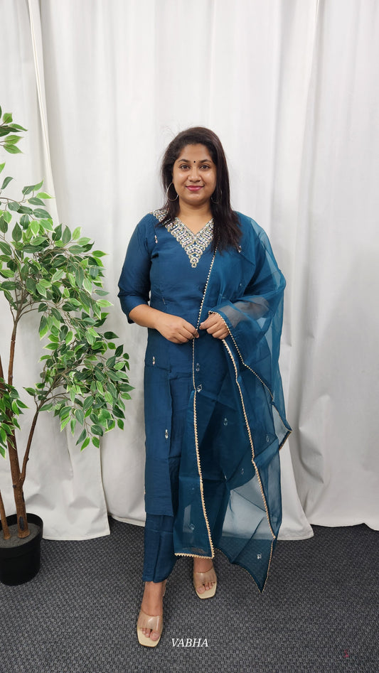 KPD39 Navy Blue Dola Silk Kurti Pant Dupatta