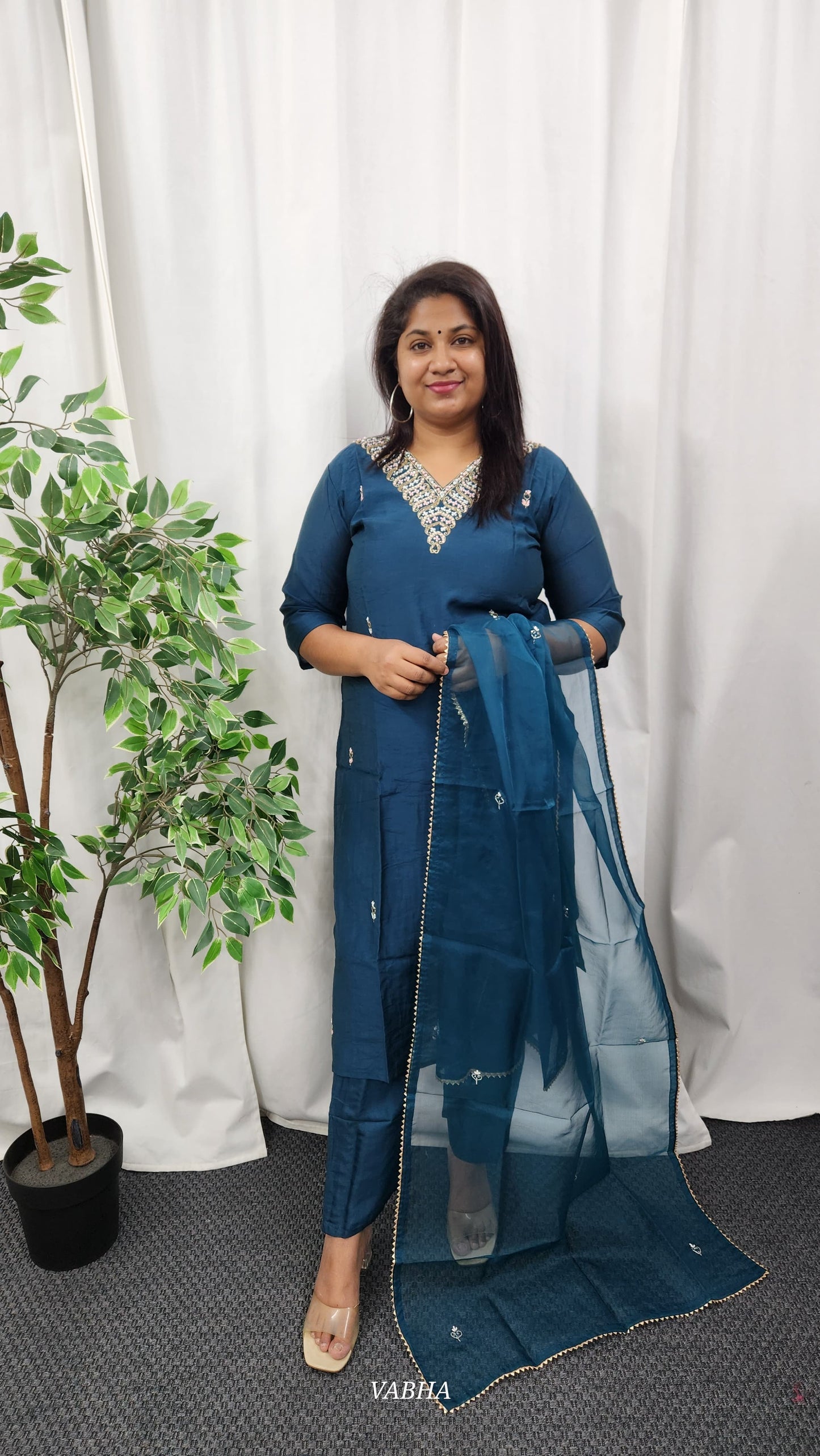 KPD39 Navy Blue Dola Silk Kurti Pant Dupatta