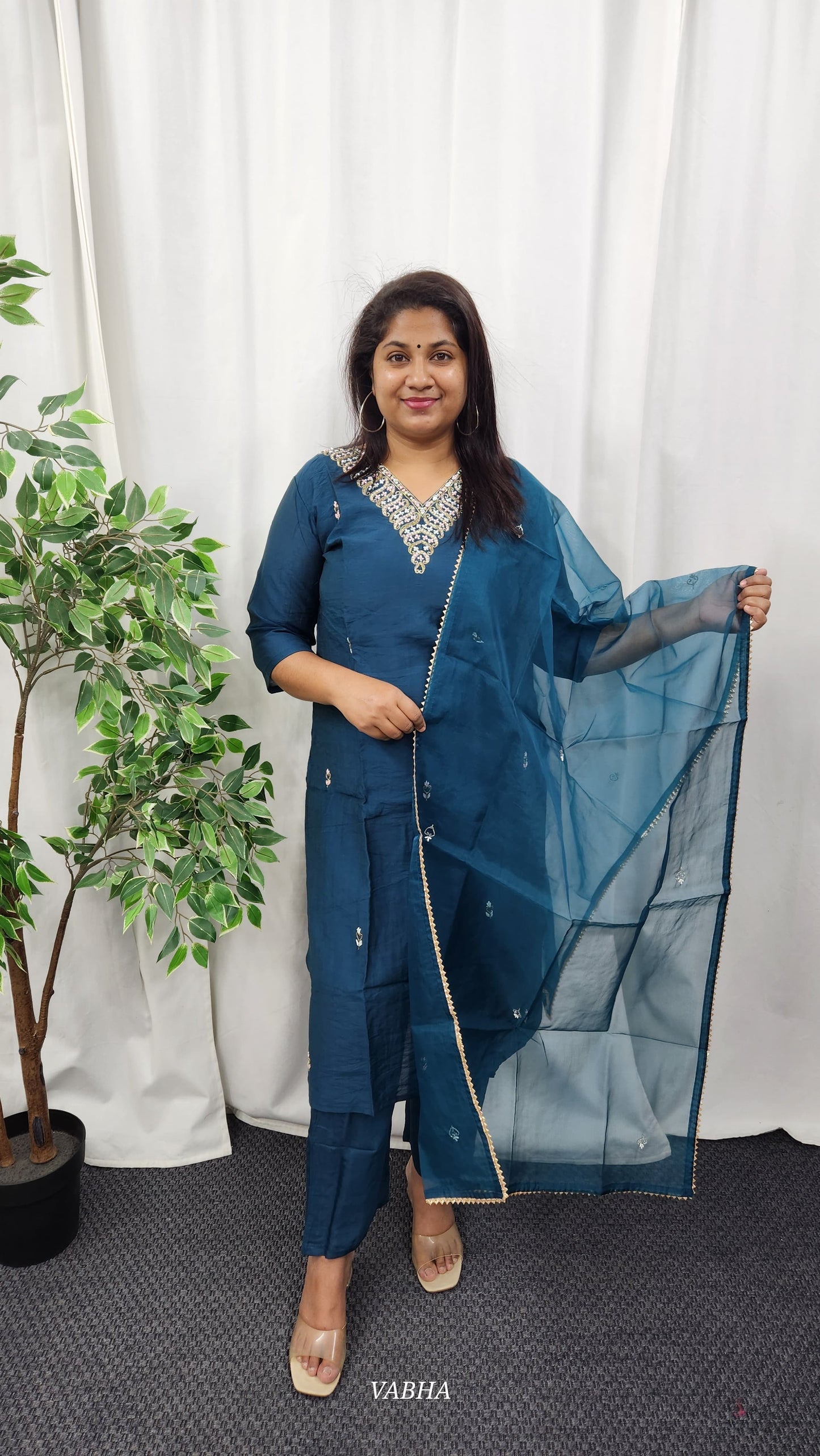 KPD39 Navy Blue Dola Silk Kurti Pant Dupatta