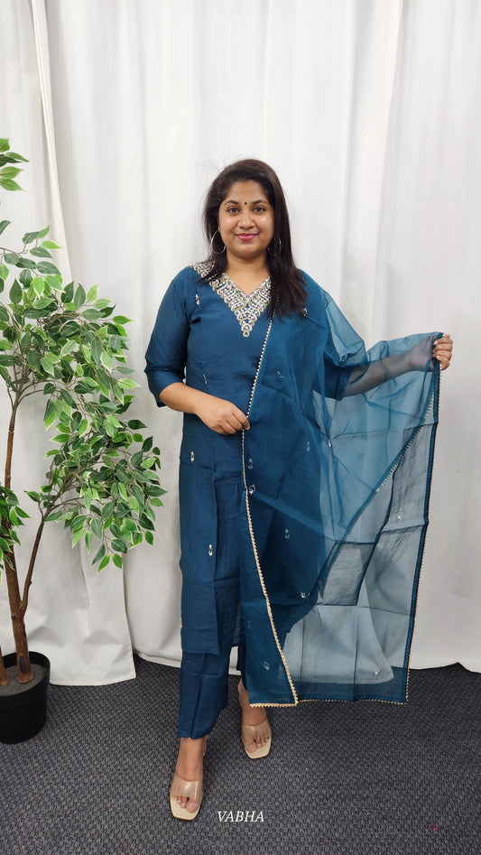 KPD39 Navy Blue Dola Silk Kurti Pant Dupatta