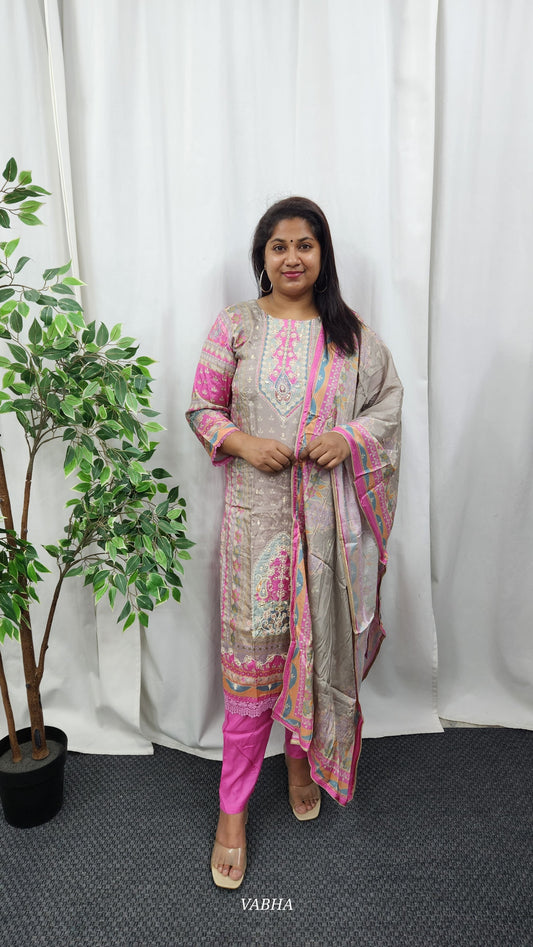 KPD41 2XL Size Grey Muslin Kurti Pant Dupatta