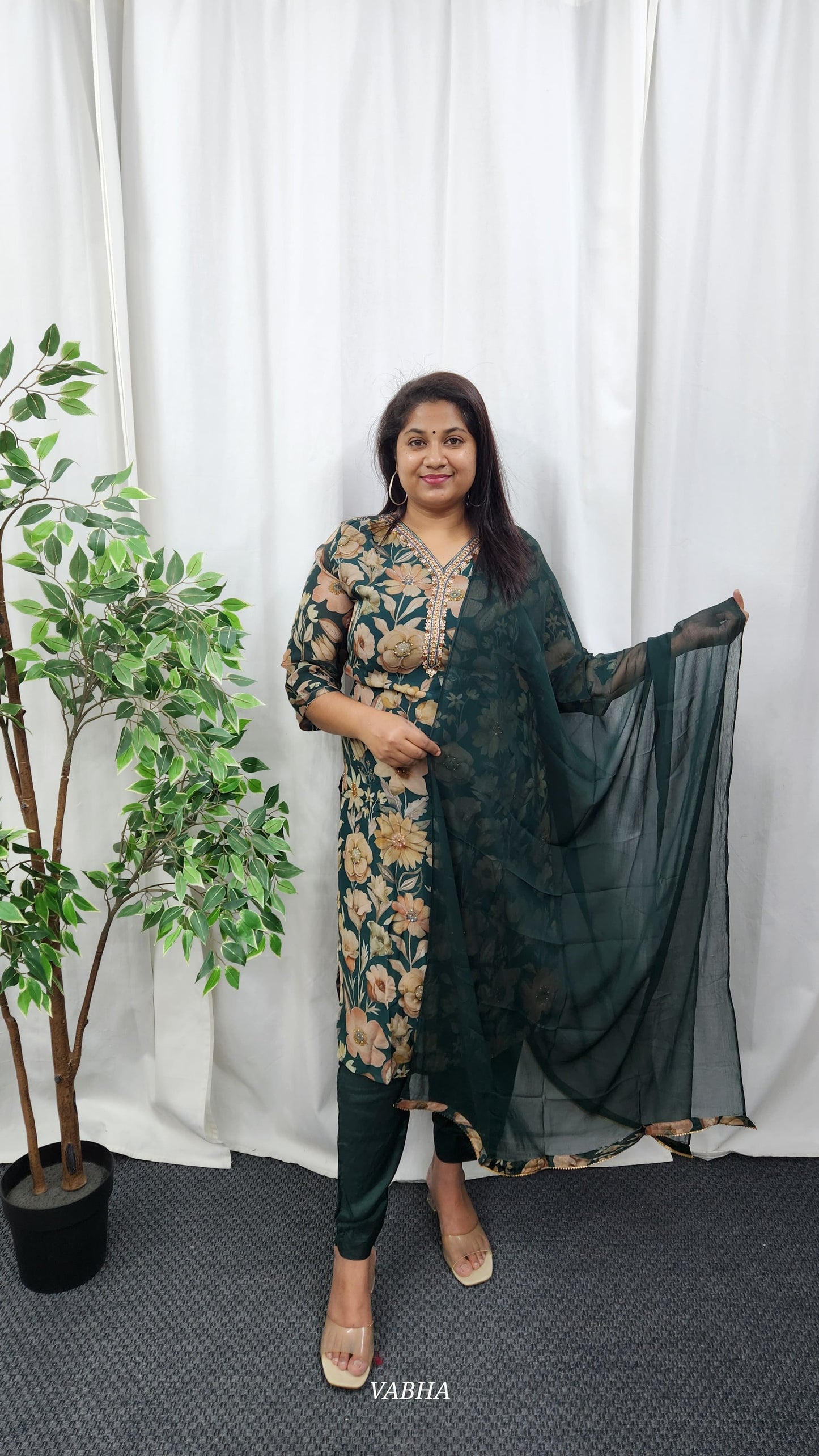 KPD46 Bottle Green Organza Kurti Pant Dupatta