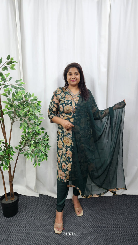 KPD46 Bottle Green Organza Kurti Pant Dupatta