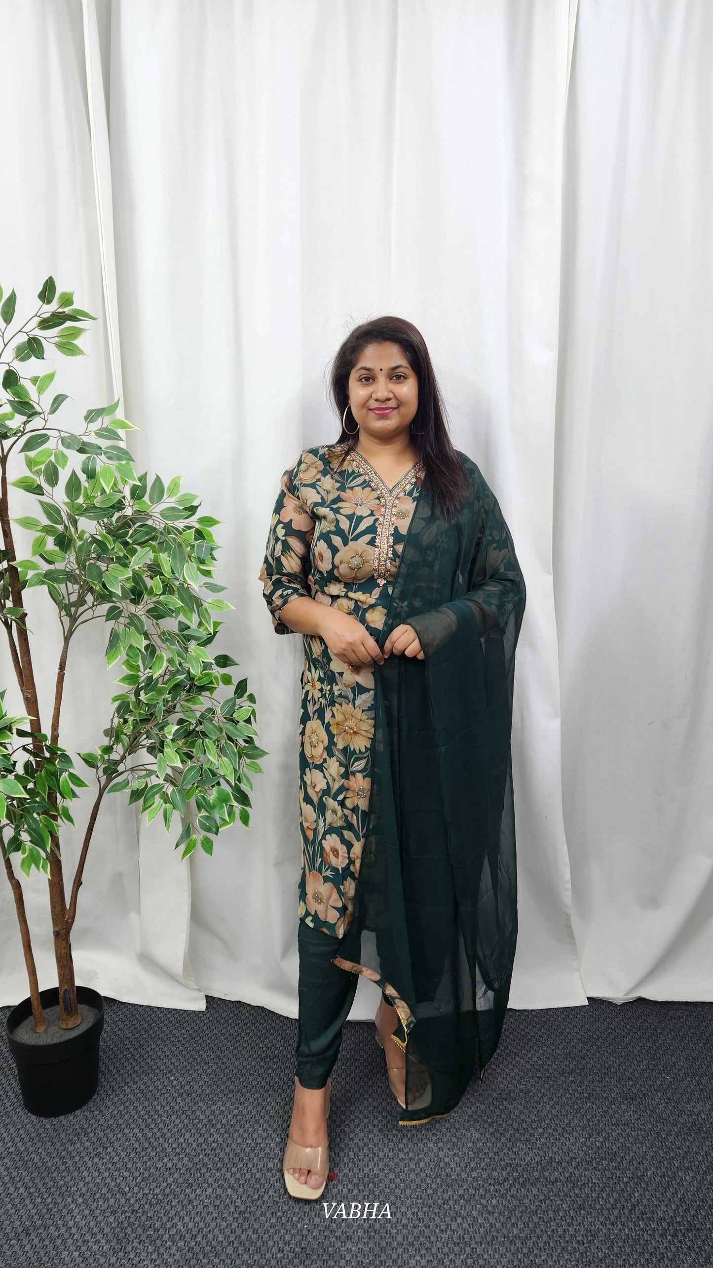 KPD46 Bottle Green Organza Kurti Pant Dupatta