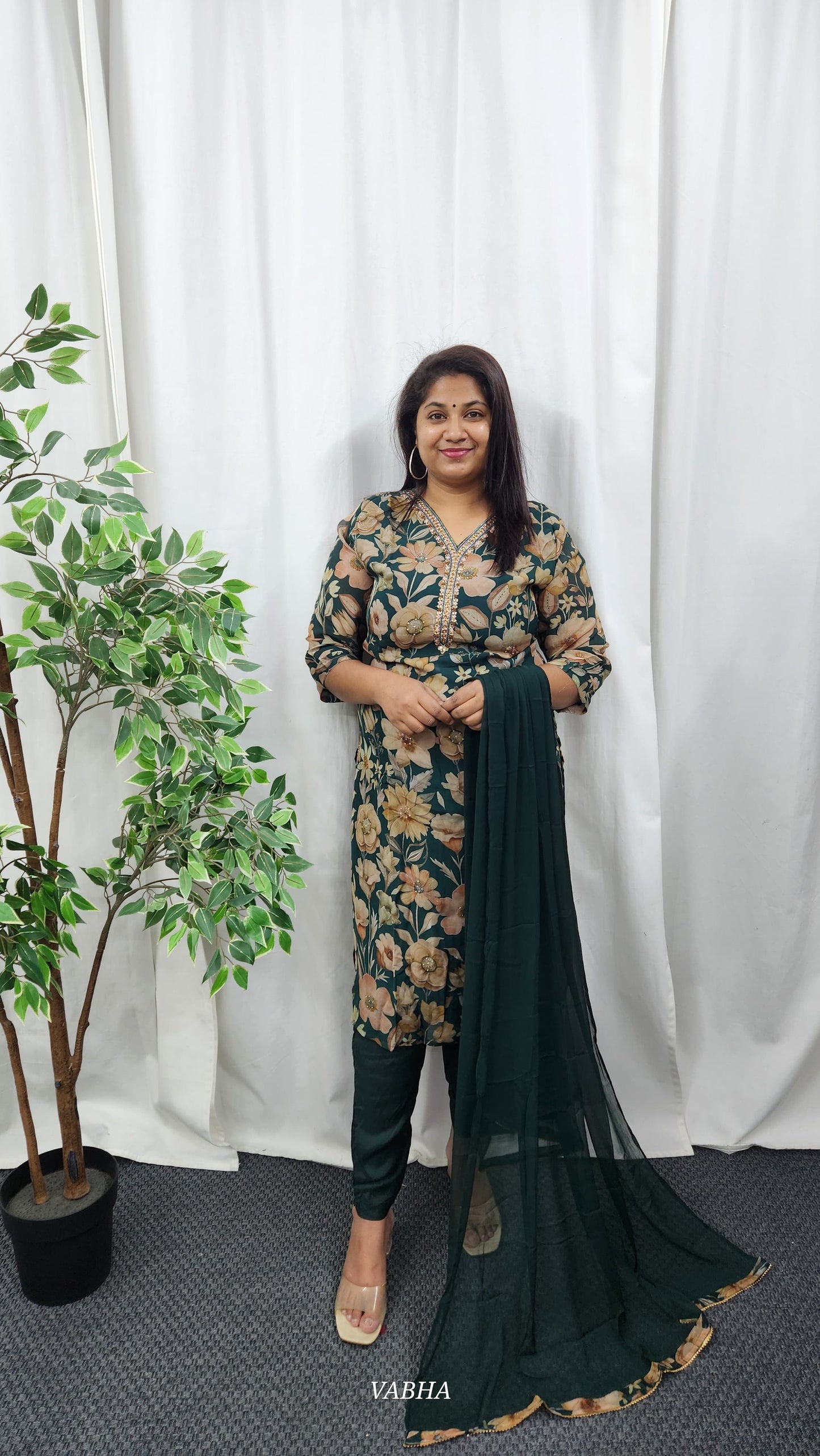 KPD46 Bottle Green Organza Kurti Pant Dupatta