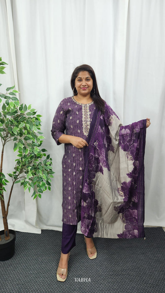 KPD47 Purple Muslin Kurti Pant Dupatta